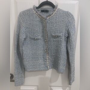 Mango Light Blue Bouclé Pearl-Button Cardigan